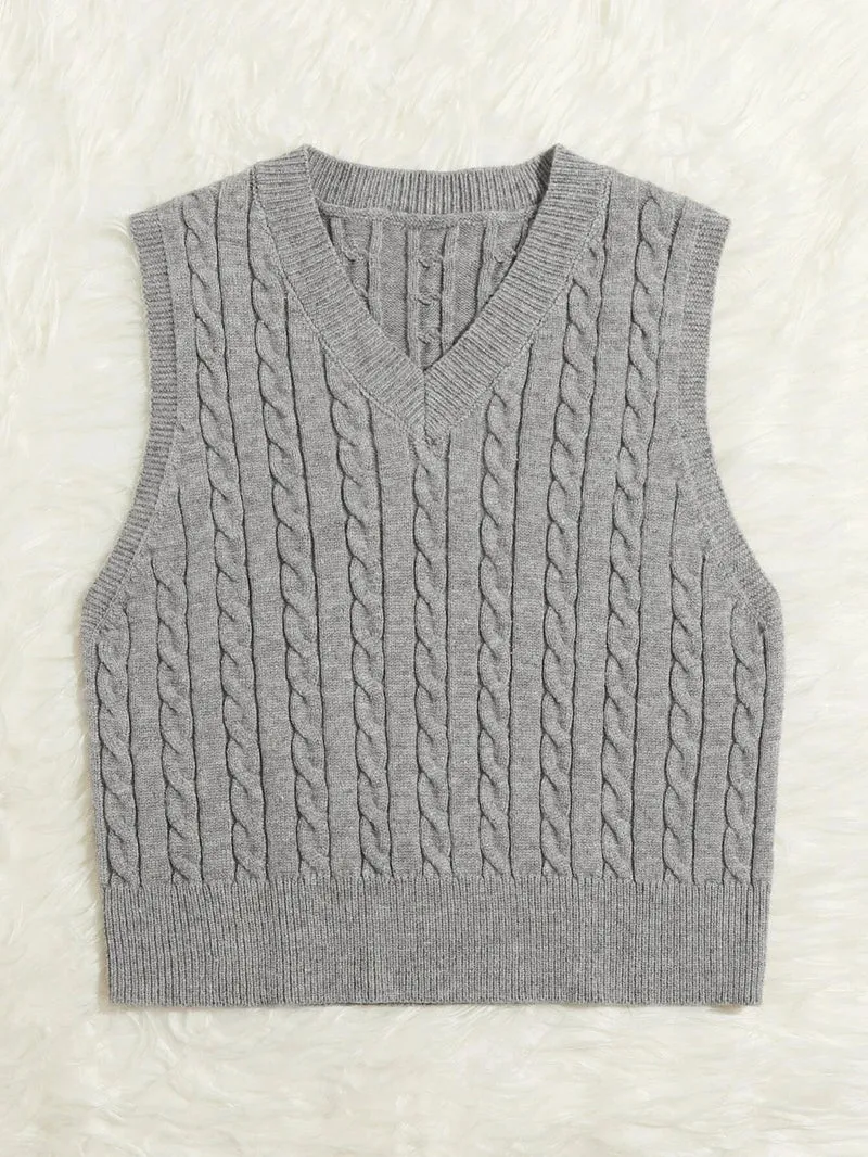 Damen Gestrickte ärmellose Zopfmuster-Pulloverweste mit V-Ausschnitt Drune