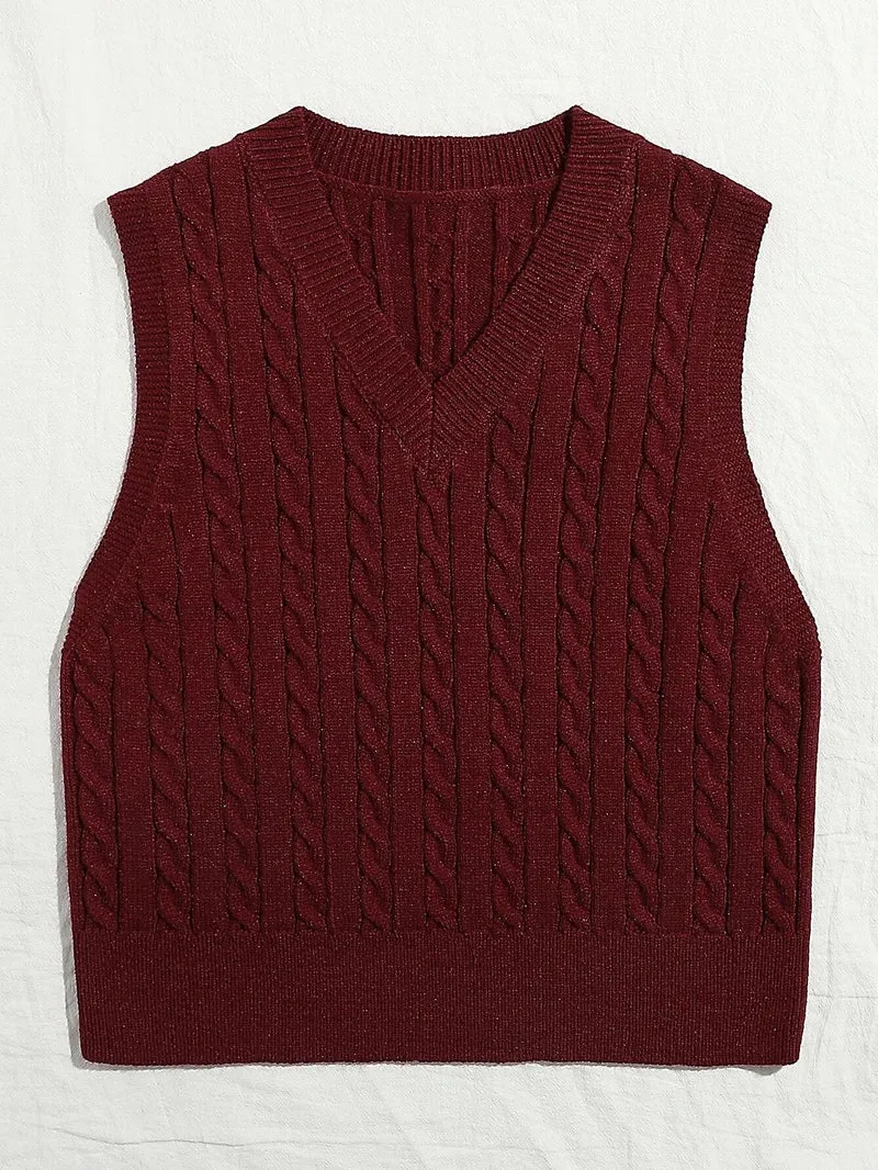 Damen Gestrickte ärmellose Zopfmuster-Pulloverweste mit V-Ausschnitt Drune