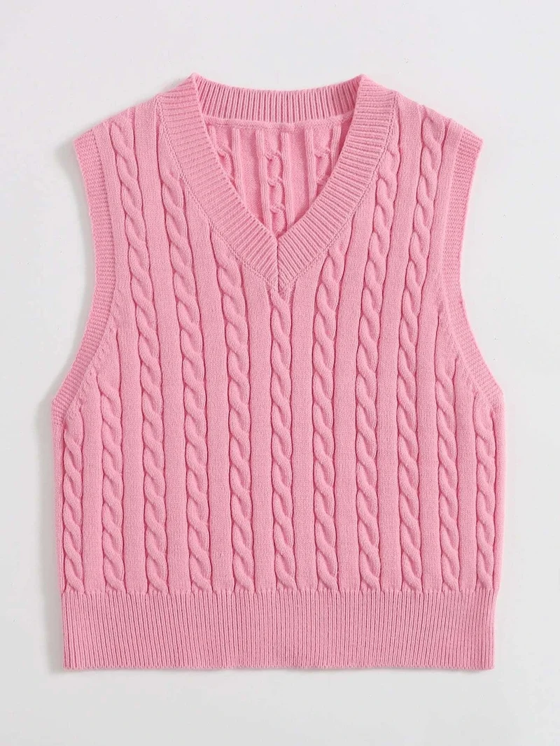 Damen Gestrickte ärmellose Zopfmuster-Pulloverweste mit V-Ausschnitt Drune