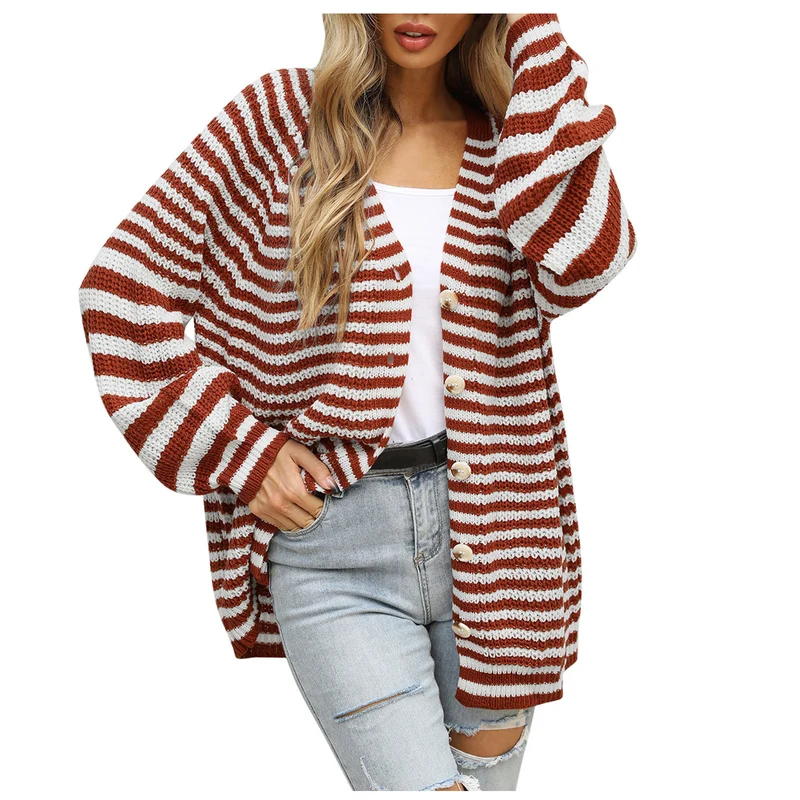 Damen gestreifte oversized Strickjacke mit V-Ausschnitt und Knopfleiste Drune