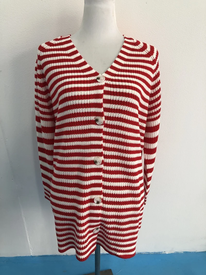 Damen gestreifte oversized Strickjacke mit V-Ausschnitt und Knopfleiste Drune
