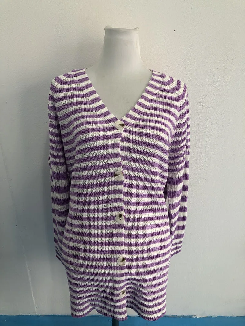 Damen gestreifte oversized Strickjacke mit V-Ausschnitt und Knopfleiste Drune
