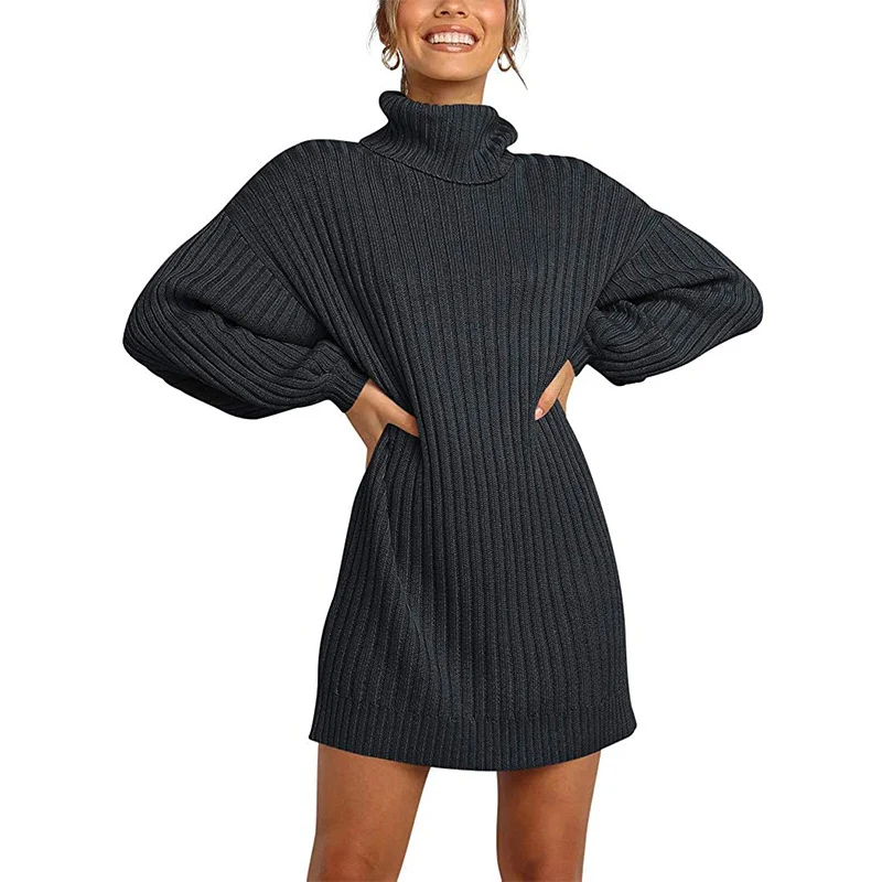 Damen Geripptes Rollkragen-Minikleid mit Oversize-Silhouette und Ballonärmeln Drune