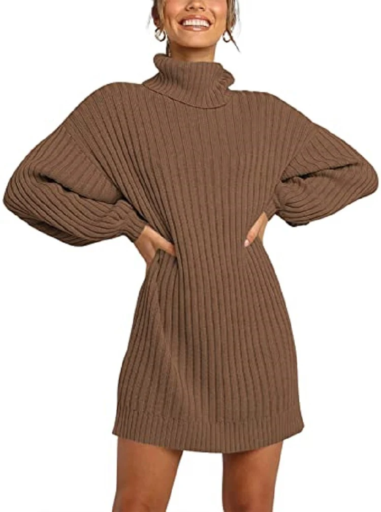 Damen Geripptes Rollkragen-Minikleid mit Oversize-Silhouette und Ballonärmeln Drune