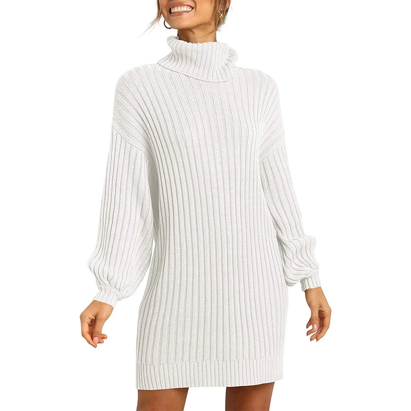 Damen Geripptes Rollkragen-Minikleid mit Oversize-Silhouette und Ballonärmeln Drune