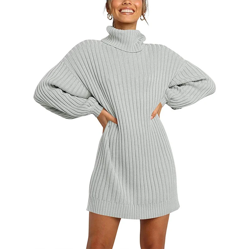 Damen Geripptes Rollkragen-Minikleid mit Oversize-Silhouette und Ballonärmeln Drune