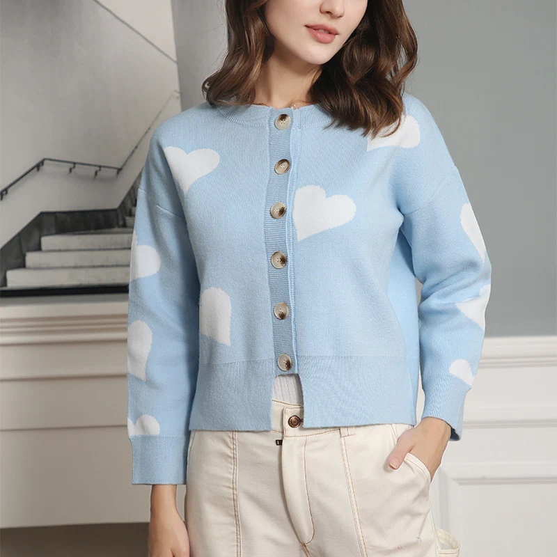 Damen Geknöpfter Oversize-Strickcardigan mit Herz-Jacquard und Perlmuttknöpfen Drune