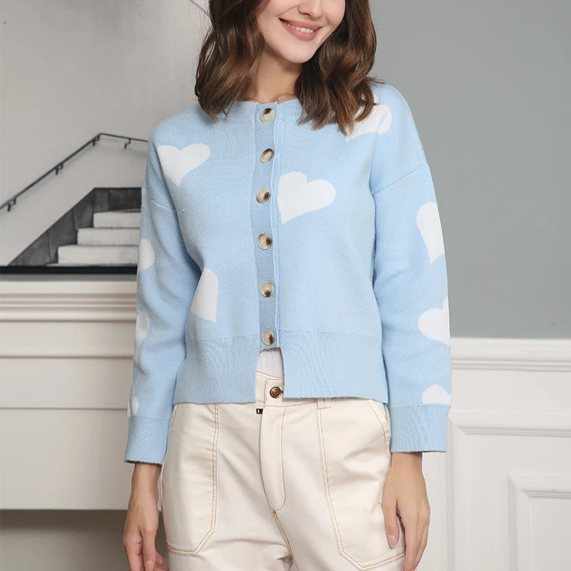 Damen Geknöpfter Oversize-Strickcardigan mit Herz-Jacquard und Perlmuttknöpfen Drune