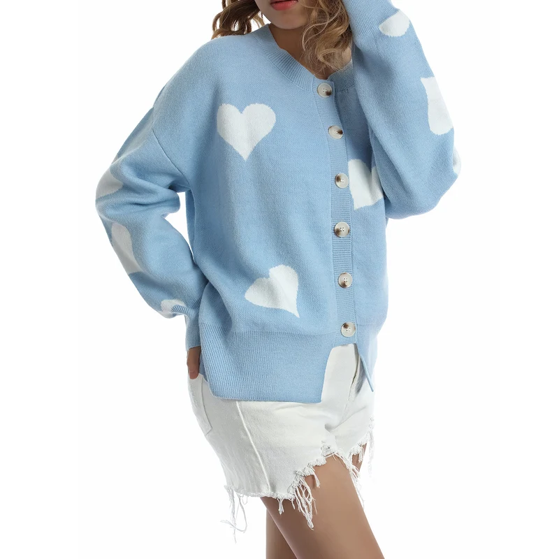 Damen Geknöpfter Oversize-Strickcardigan mit Herz-Jacquard und Perlmuttknöpfen Drune