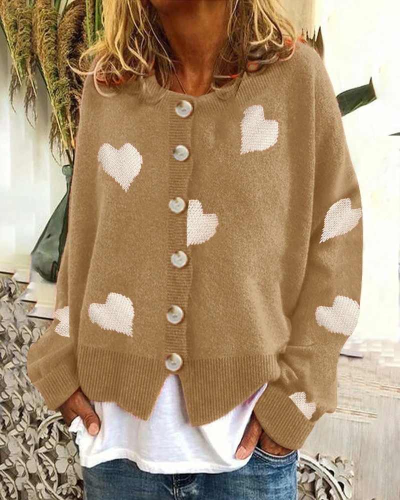 Damen Geknöpfter Oversize-Strickcardigan mit Herz-Jacquard und Perlmuttknöpfen Drune
