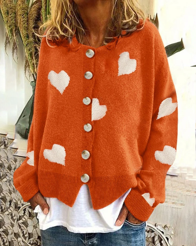 Damen Geknöpfter Oversize-Strickcardigan mit Herz-Jacquard und Perlmuttknöpfen Drune