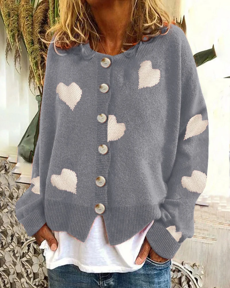 Damen Geknöpfter Oversize-Strickcardigan mit Herz-Jacquard und Perlmuttknöpfen Drune