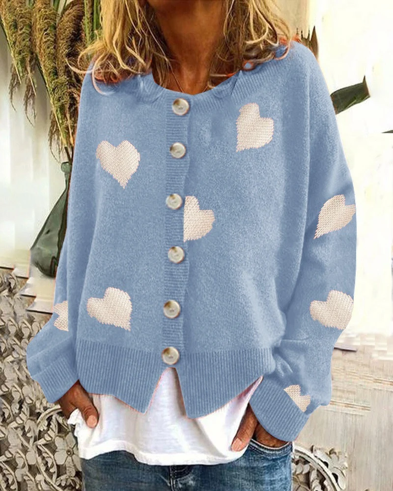 Damen Geknöpfter Oversize-Strickcardigan mit Herz-Jacquard und Perlmuttknöpfen Drune