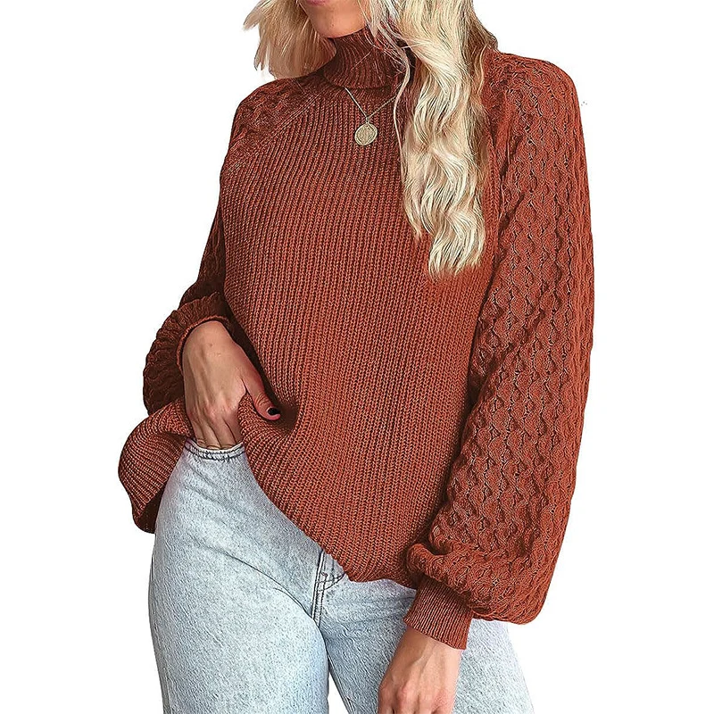 Damen Feinstrickpullover mit Rollkragen und voluminösen Zopfmuster-Ärmeln Drune