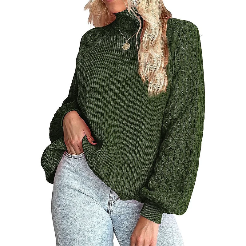 Damen Feinstrickpullover mit Rollkragen und voluminösen Zopfmuster-Ärmeln Drune