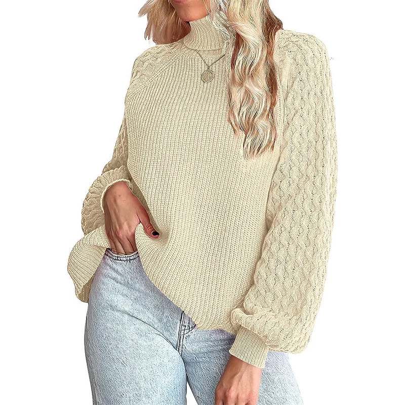 Damen Feinstrickpullover mit Rollkragen und voluminösen Zopfmuster-Ärmeln Drune
