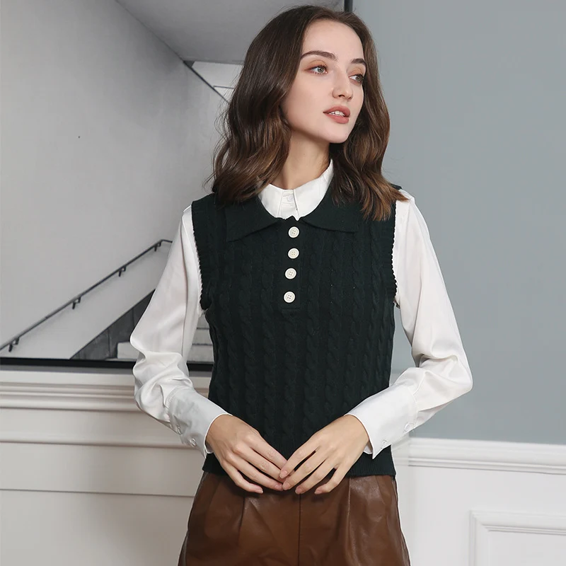 Damen Feinstrick-Ärmellose Polo-Weste mit Zopfmuster und tailliertem Schnitt Drune