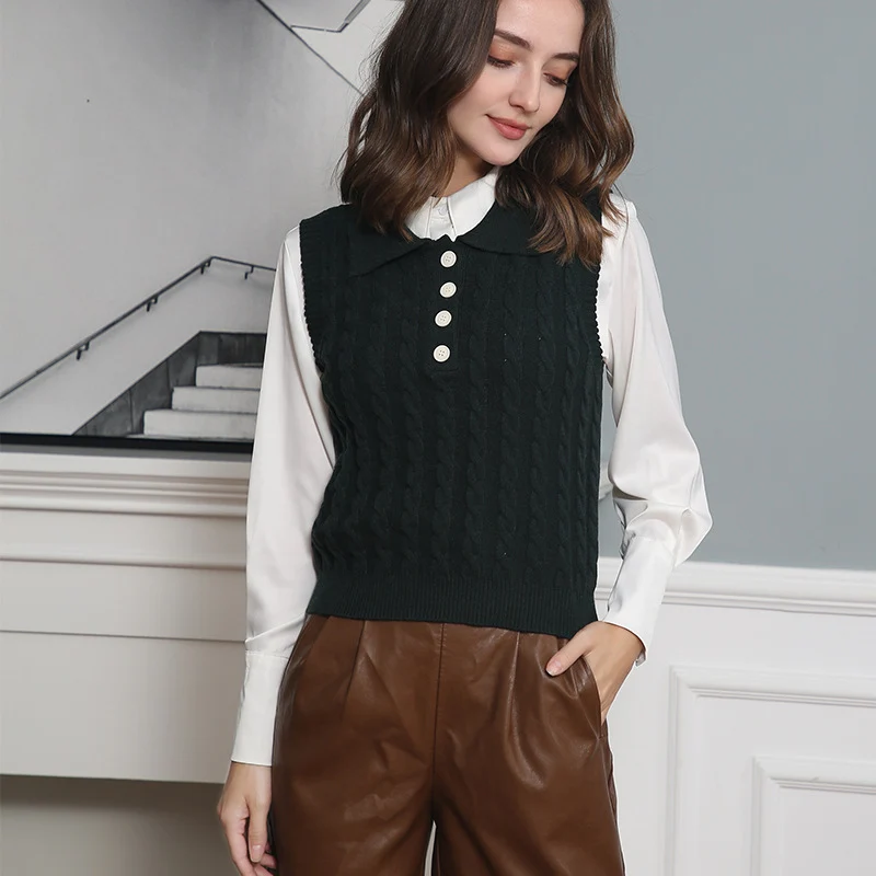 Damen Feinstrick-Ärmellose Polo-Weste mit Zopfmuster und tailliertem Schnitt Drune