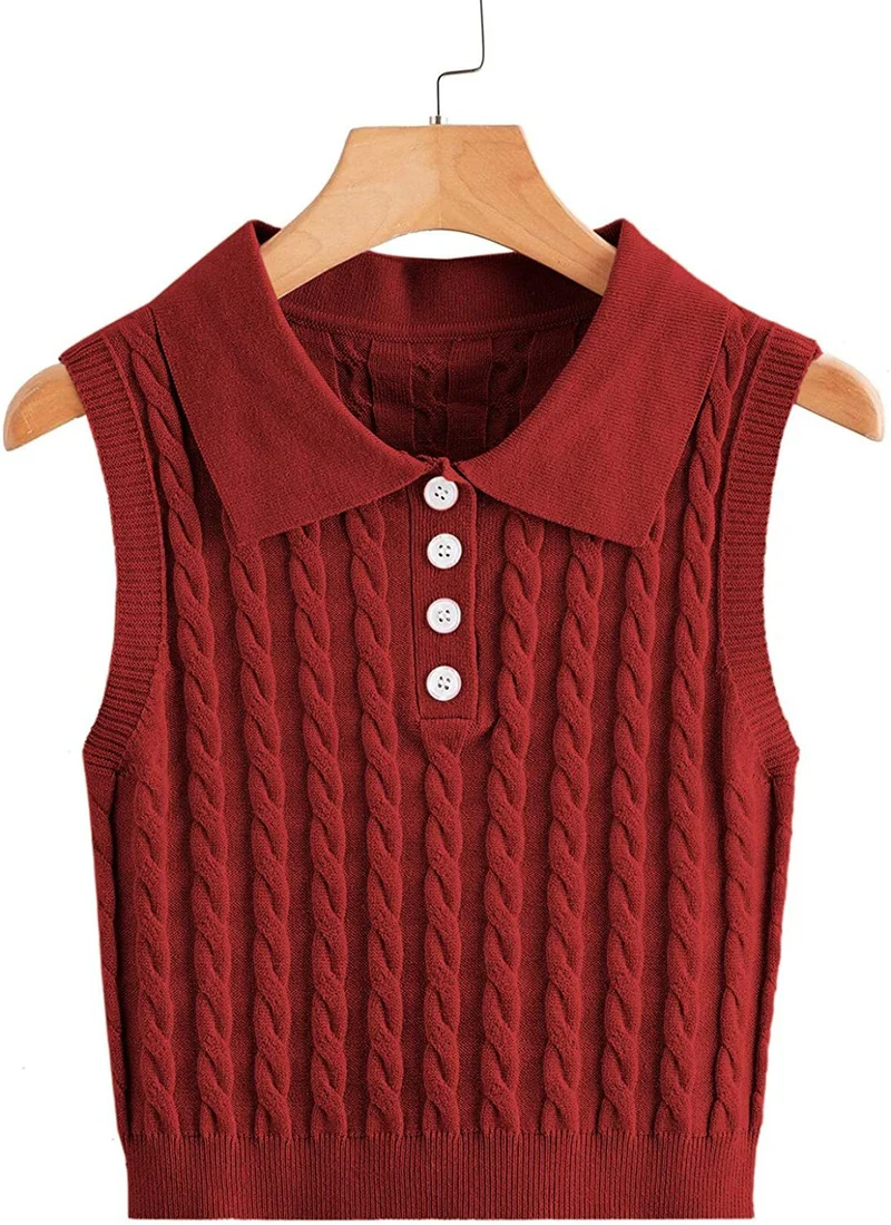 Damen Feinstrick-Ärmellose Polo-Weste mit Zopfmuster und tailliertem Schnitt Drune