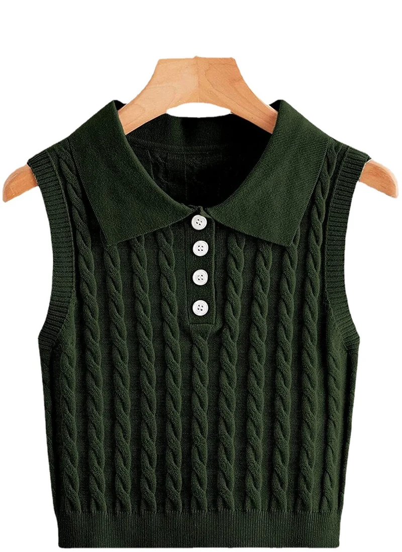 Damen Feinstrick-Ärmellose Polo-Weste mit Zopfmuster und tailliertem Schnitt Drune
