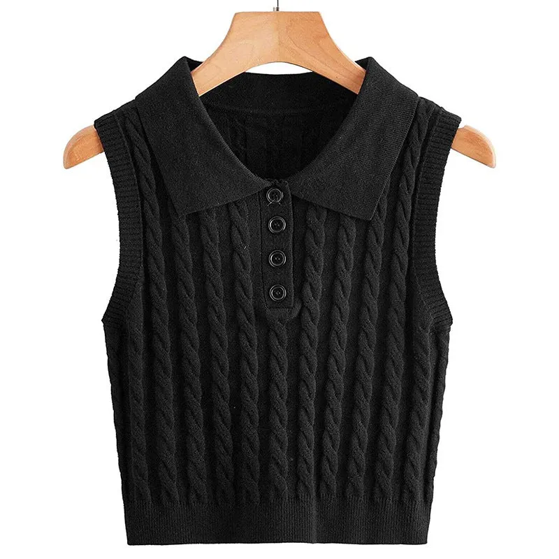 Damen Feinstrick-Ärmellose Polo-Weste mit Zopfmuster und tailliertem Schnitt Drune
