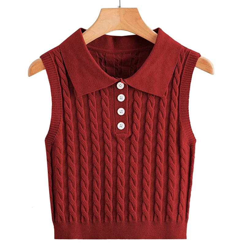 Damen Feinstrick-Ärmellose Polo-Weste mit Zopfmuster und tailliertem Schnitt Drune