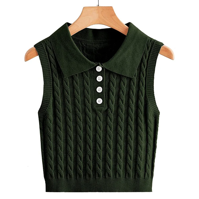 Damen Feinstrick-Ärmellose Polo-Weste mit Zopfmuster und tailliertem Schnitt Drune