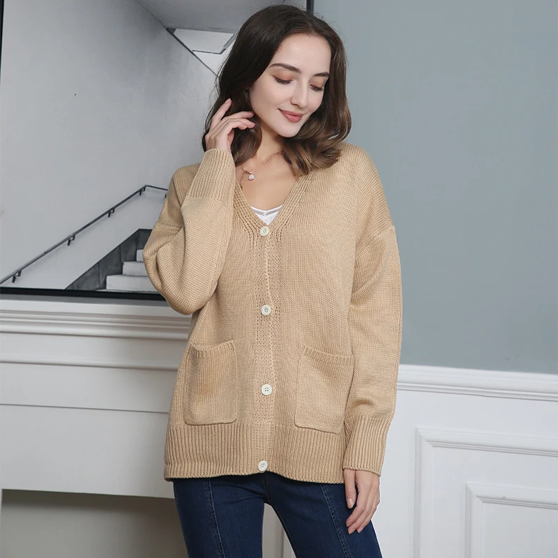 Damen Feiner Oversize-Strickcardigan mit V-Ausschnitt, Knopfleiste und aufgesetzten Eingrifftaschen Drune