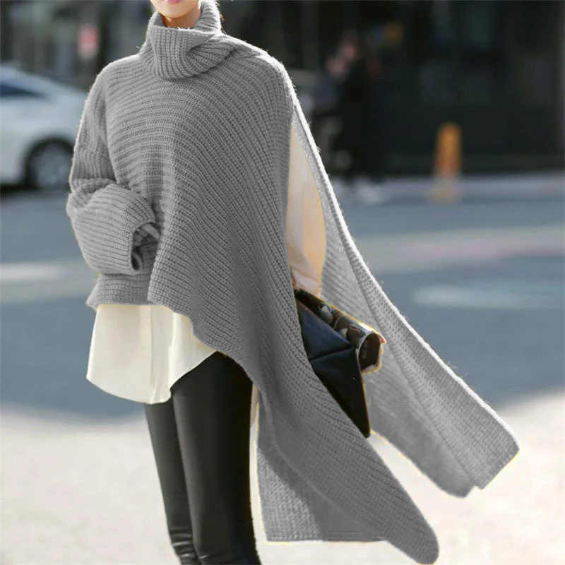 Damen Asymmetrischer Rollkragen-Poncho mit seitlichem Cape-Detail Drune