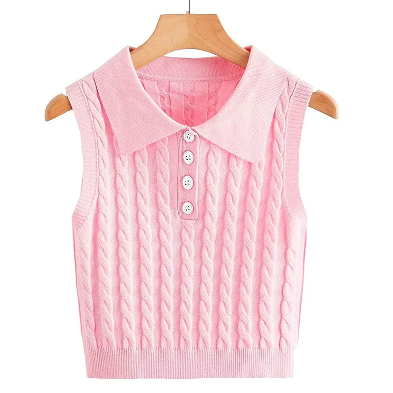 Damen Ärmellose Strickweste mit Polokragen und Zopfmuster Drune