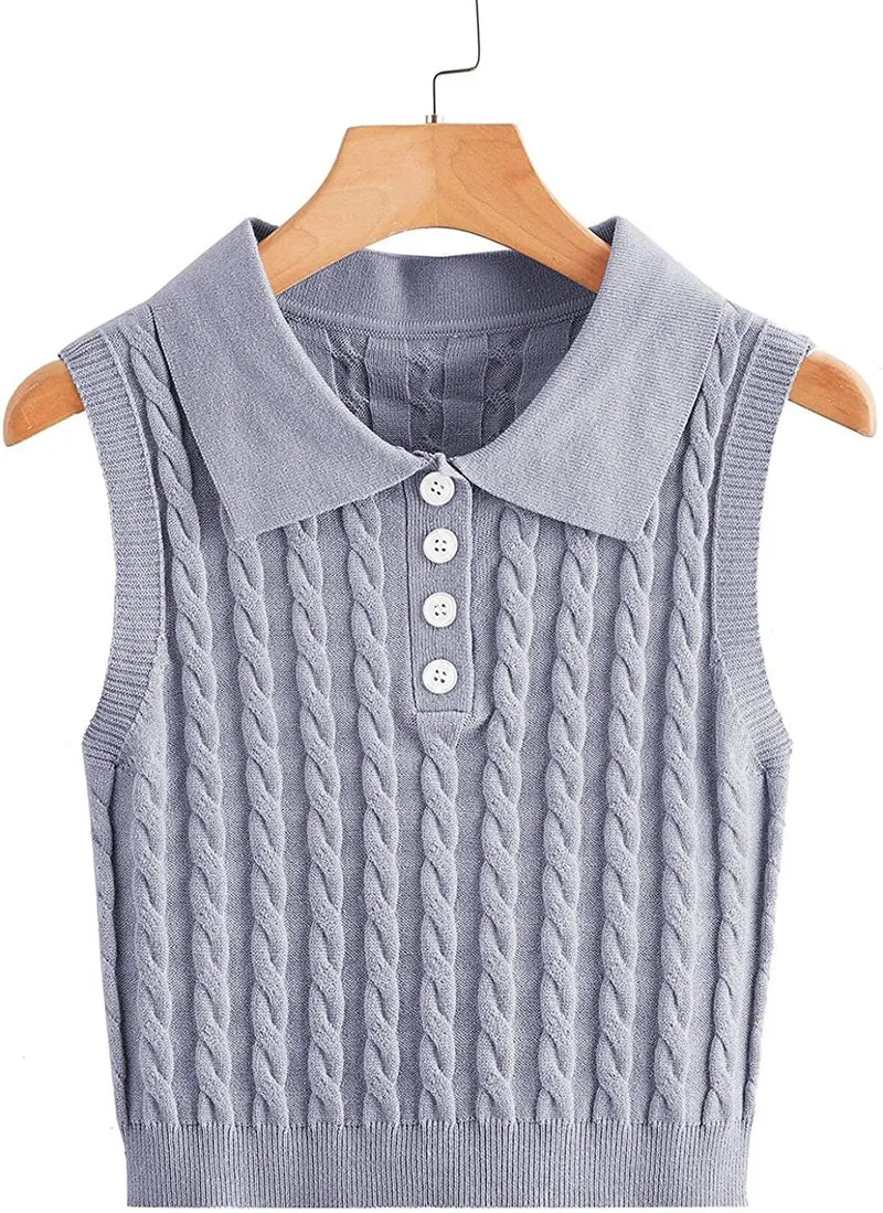 Damen Ärmellose Strickweste mit Polokragen und Zopfmuster Drune