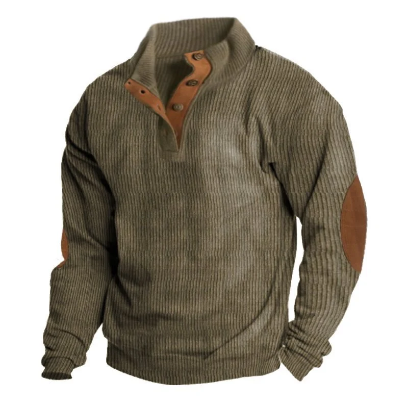 Herren Strukturierter Pullover mit Henley-Knopfleiste, Ellbogen-Patches und zweifarbigem Block Drune
