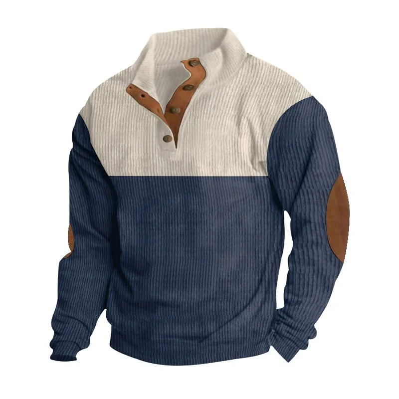 Herren Strukturierter Pullover mit Henley-Knopfleiste, Ellbogen-Patches und zweifarbigem Block Drune