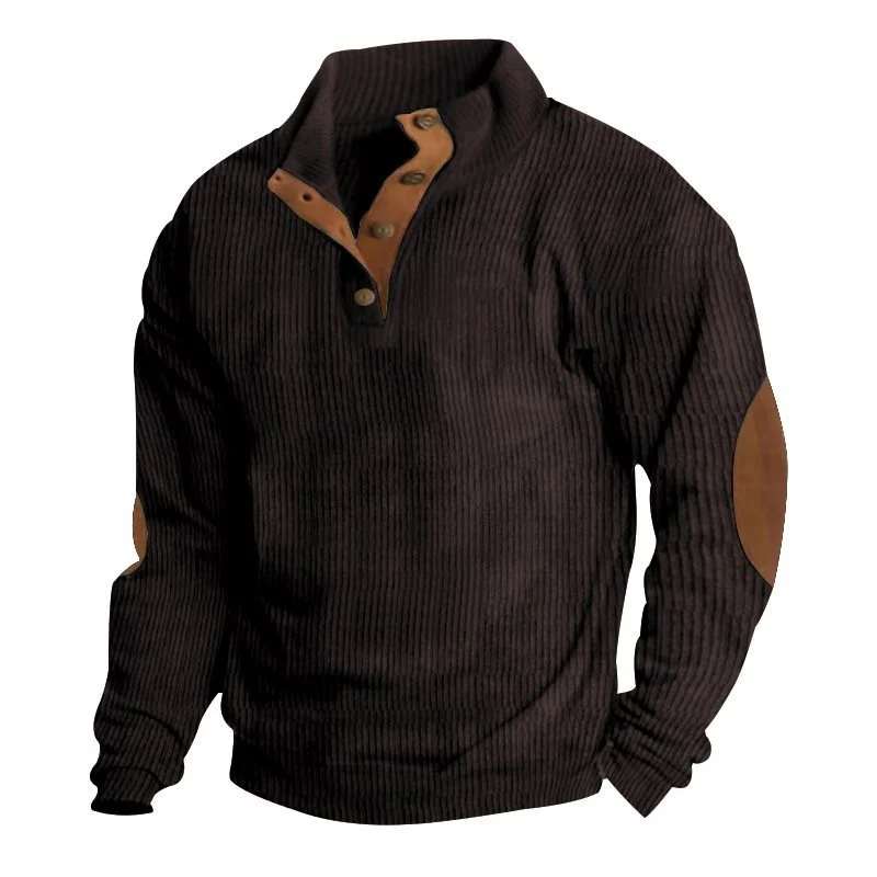 Herren Strukturierter Pullover mit Henley-Knopfleiste, Ellbogen-Patches und zweifarbigem Block Drune
