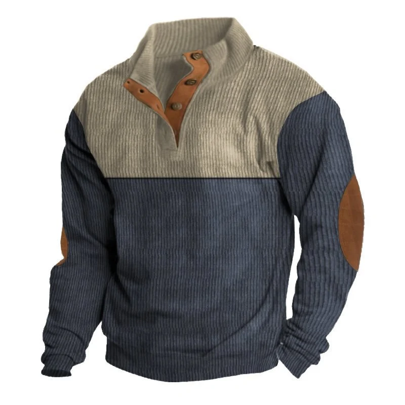 Herren Strukturierter Pullover mit Henley-Knopfleiste, Ellbogen-Patches und zweifarbigem Block Drune
