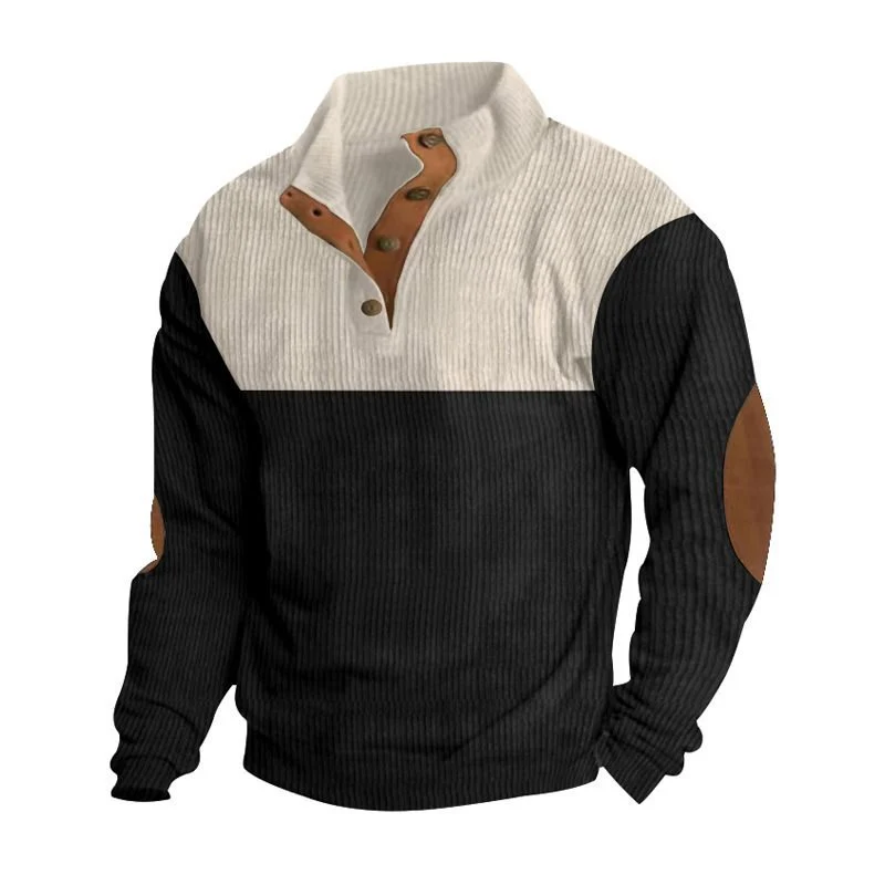 Herren Strukturierter Pullover mit Henley-Knopfleiste, Ellbogen-Patches und zweifarbigem Block Drune
