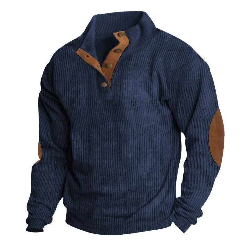 Herren Strukturierter Pullover mit Henley-Knopfleiste, Ellbogen-Patches und zweifarbigem Block Drune