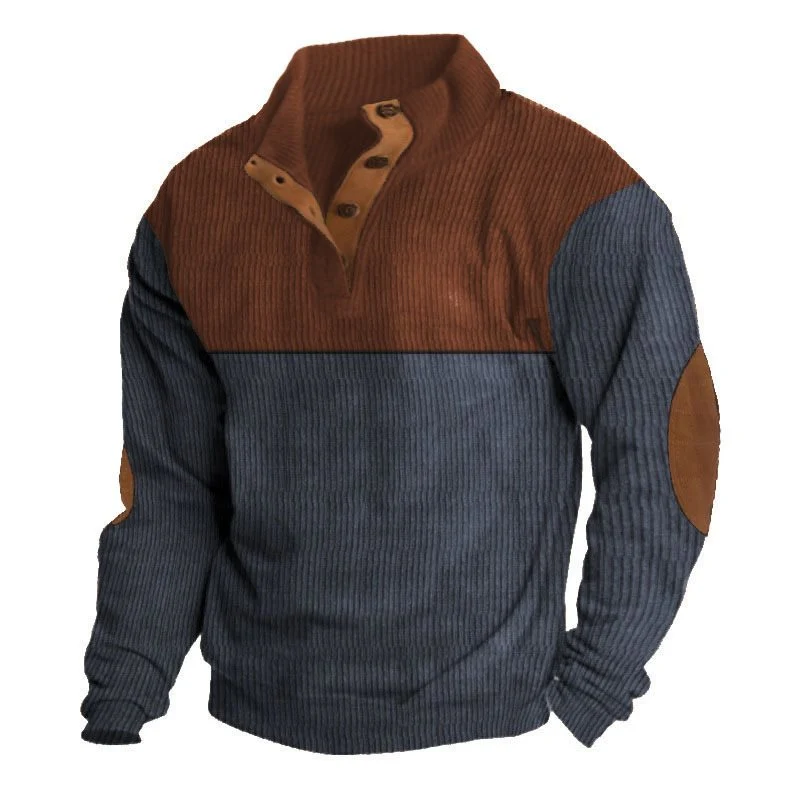 Herren Strukturierter Pullover mit Henley-Knopfleiste, Ellbogen-Patches und zweifarbigem Block Drune