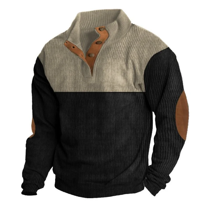 Herren Strukturierter Pullover mit Henley-Knopfleiste, Ellbogen-Patches und zweifarbigem Block Drune