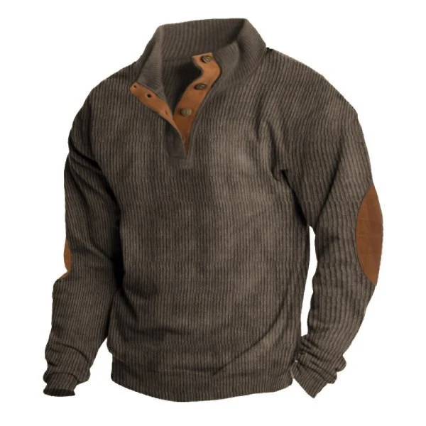 Herren Strukturierter Pullover mit Henley-Knopfleiste, Ellbogen-Patches und zweifarbigem Block Drune
