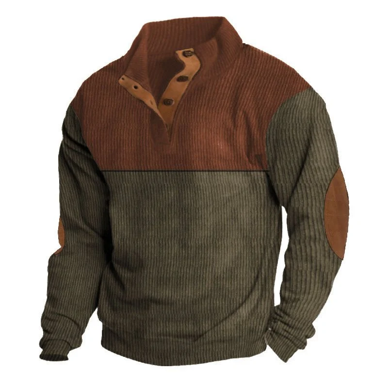 Herren Strukturierter Pullover mit Henley-Knopfleiste, Ellbogen-Patches und zweifarbigem Block Drune