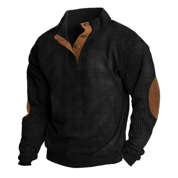 Herren Strukturierter Pullover mit Henley-Knopfleiste, Ellbogen-Patches und zweifarbigem Block Drune