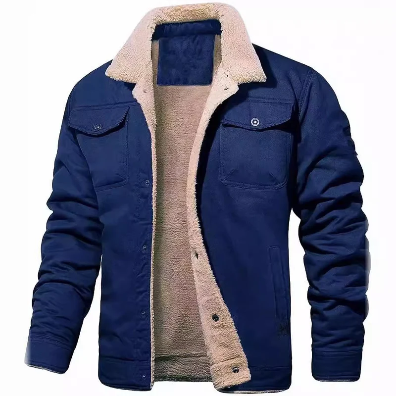 Herren Sherpa-gefütterte Canvas-Truckerjacke mit Teddyfell-Innenfutter und Hemdkragen Drune