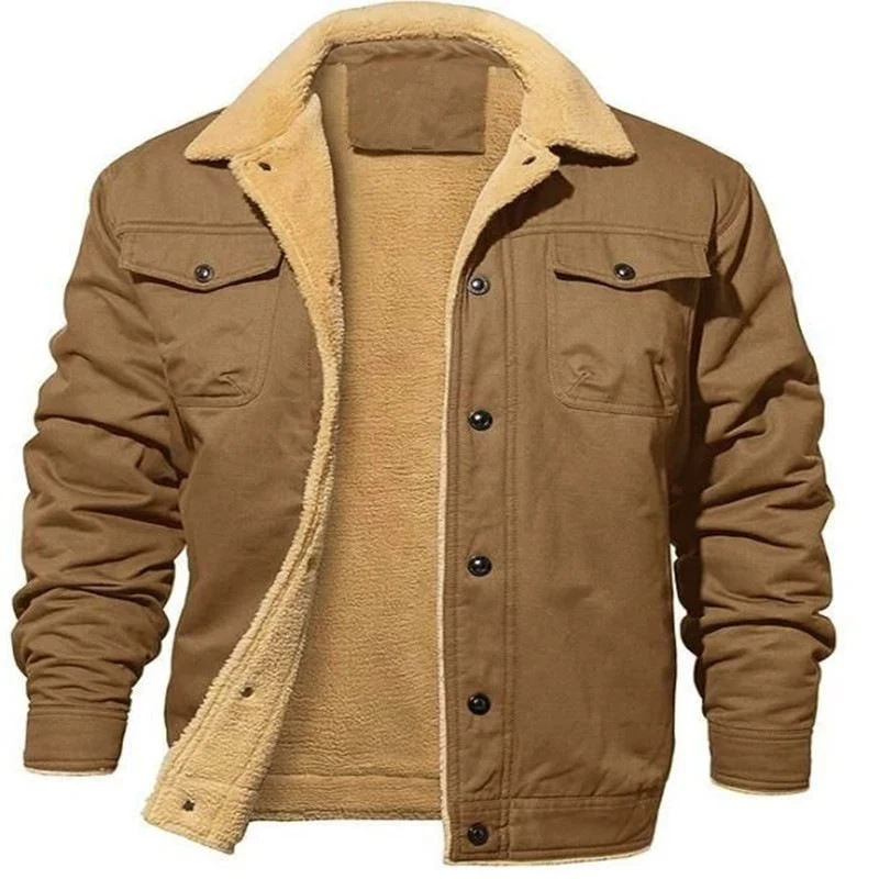 Herren Sherpa-gefütterte Canvas-Truckerjacke mit Teddyfell-Innenfutter und Hemdkragen Drune