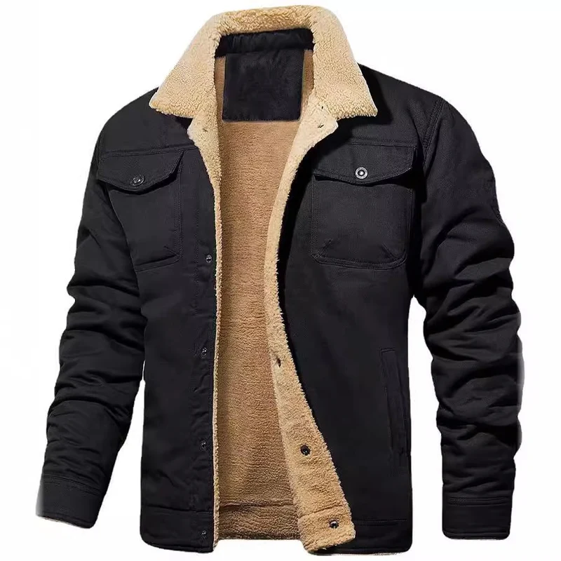 Herren Sherpa-gefütterte Canvas-Truckerjacke mit Teddyfell-Innenfutter und Hemdkragen Drune