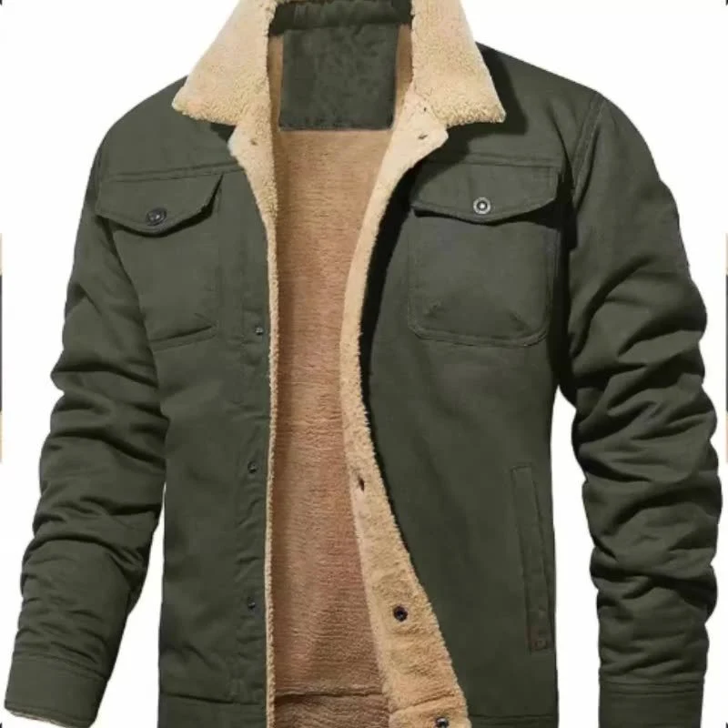 Herren Sherpa-gefütterte Canvas-Truckerjacke mit Teddyfell-Innenfutter und Hemdkragen Drune