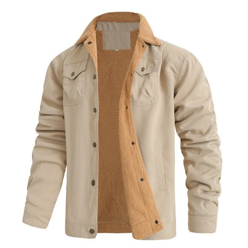 Herren Sherpa-gefütterte Canvas-Truckerjacke mit Teddyfell-Innenfutter und Hemdkragen Drune