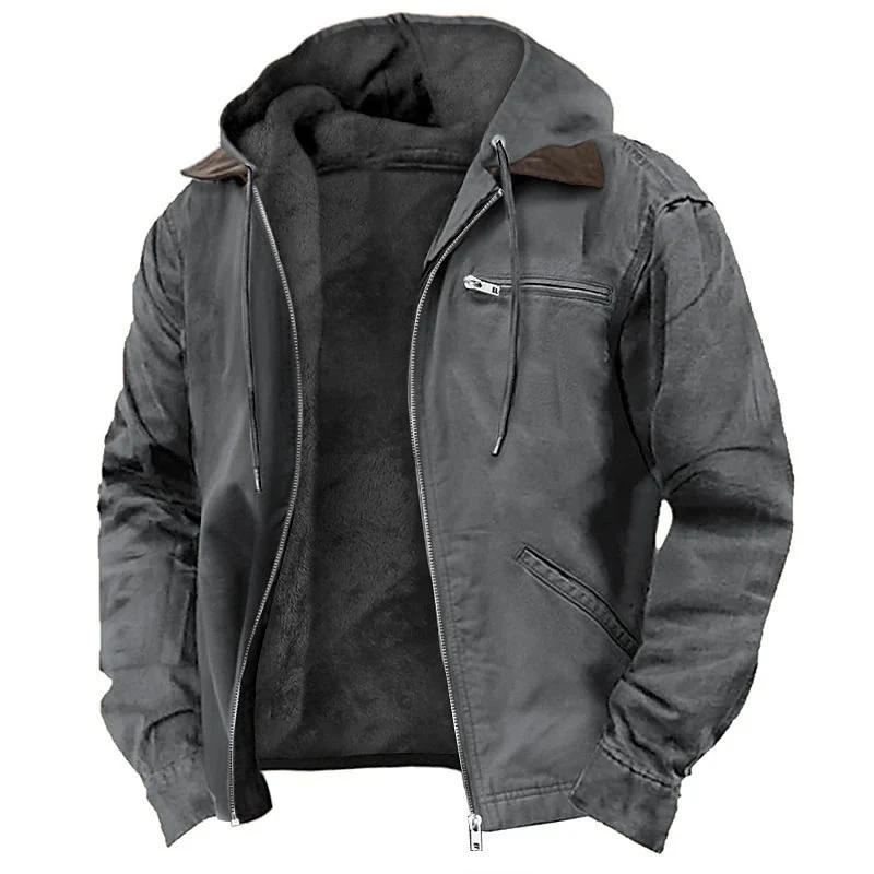 Herren Gefütterte Kapuzenjacke mit Teddyfutter, winddichtem Canvas und Reißverschlusstaschen Drune
