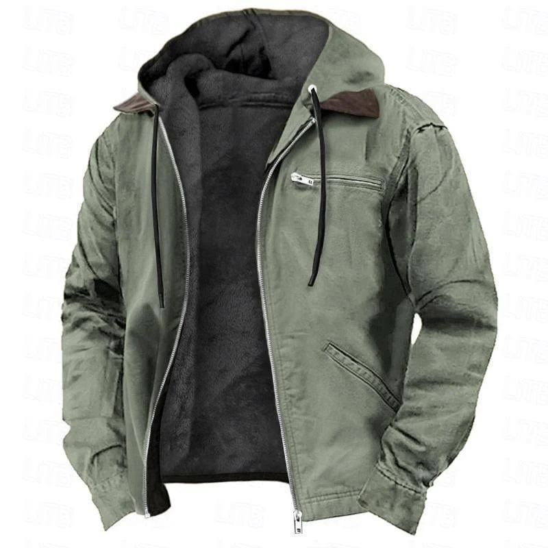 Herren Gefütterte Kapuzenjacke mit Teddyfutter, winddichtem Canvas und Reißverschlusstaschen Drune