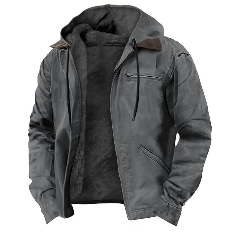 Herren Gefütterte Kapuzenjacke mit Teddyfutter, winddichtem Canvas und Reißverschlusstaschen Drune